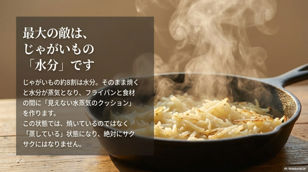 じゃがいもの約8割は水分であり、そのまま焼くとフライパンとの間に水蒸気のクッションができて蒸し焼き状態になるため、サクサクにならないという原因を説明しています。