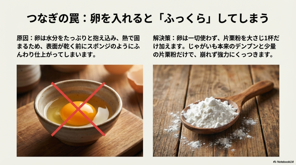 つなぎに卵を入れると水分を抱え込んでふんわりしてしまうため、卵は使わずにじゃがいものデンプンと少量の片栗粉だけで強力にくっつけるという解決策です。