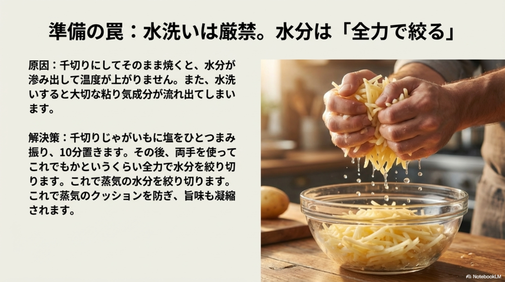 千切りにしたじゃがいもは水洗いするとくっつく力が弱くなってしまうため、塩を振って10分置き、両手で全力で水分を絞り切ることで水蒸気を防ぐ方法です。