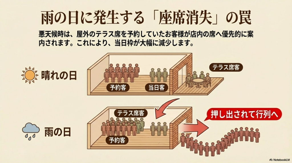 雨天時の座席案内ルールの変化 雨の日には屋外のテラス席予約客が店内に優先案内されるため、当日並んでいる客の待ち時間が長くなる仕組みを解説したイラストです。