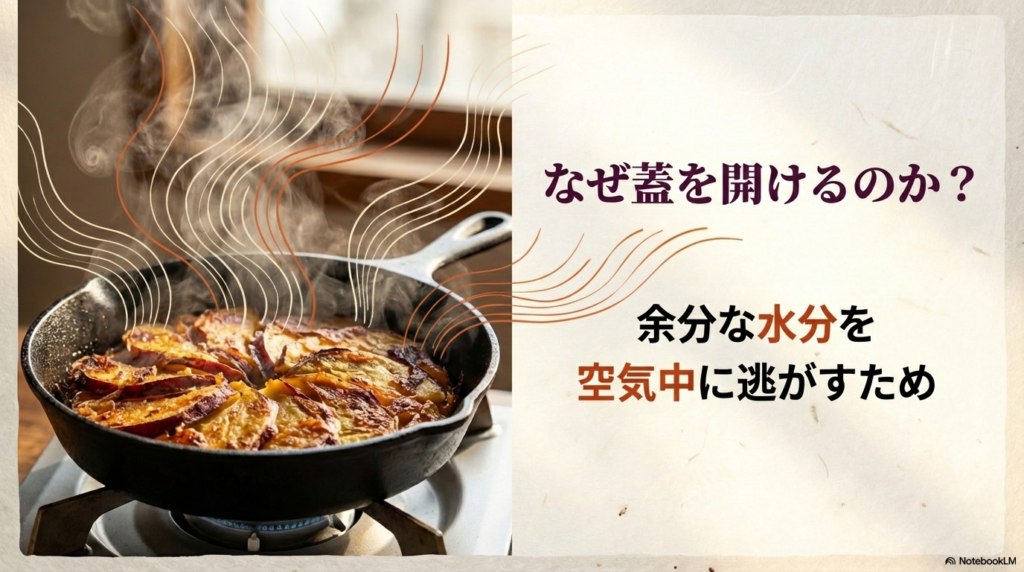 蓋を開けて焼く理由は、さつまいもの余分な水分を空気中に逃がすためであると解説したスライド