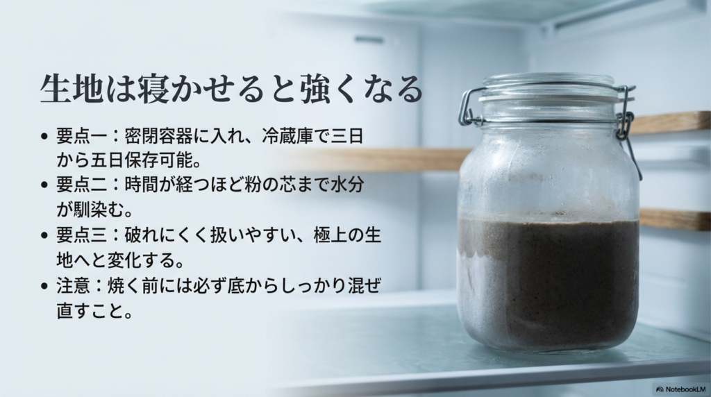 生地を冷蔵庫で数日休ませることで水分がしっかりなじみ、破れにくく扱いやすくなる理由を解説したスライドです。