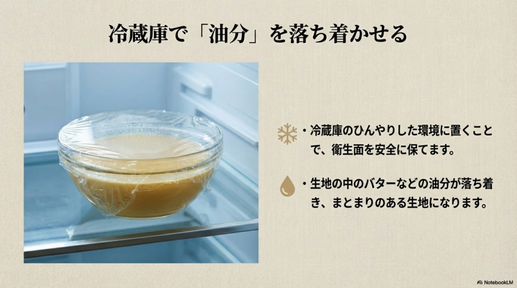 クレープ生地を冷蔵庫で寝かせることで、衛生面を保ちつつ油分を落ち着かせることができるという効果を説明するスライド画像。