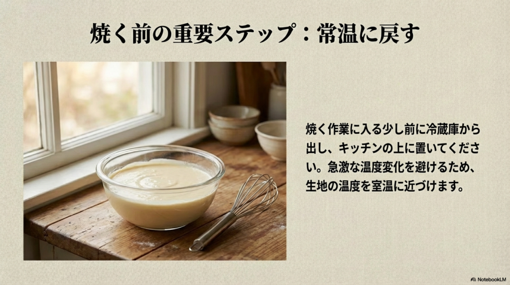 クレープを焼く少し前に生地を冷蔵庫から出し、室温に近づけることで急激な温度変化を避けるステップを説明するスライド画像。