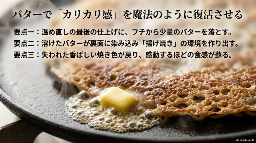 温め直すときに少量のバターを加えることで、表面が揚げ焼きのような状態になり、サクサクの食感がよみがえる裏技を紹介したスライドです。