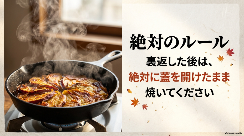 フライパンでガレットを焼いている写真とともに、裏返した後は絶対に蓋を開けたまま焼くというルールを説明したスライド