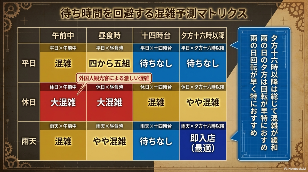 待ち時間を回避する混雑予測マトリクス 平日・休日・雨天の3つの条件と、午前から夕方までの時間帯を組み合わせた混雑状況の予測一覧表です。