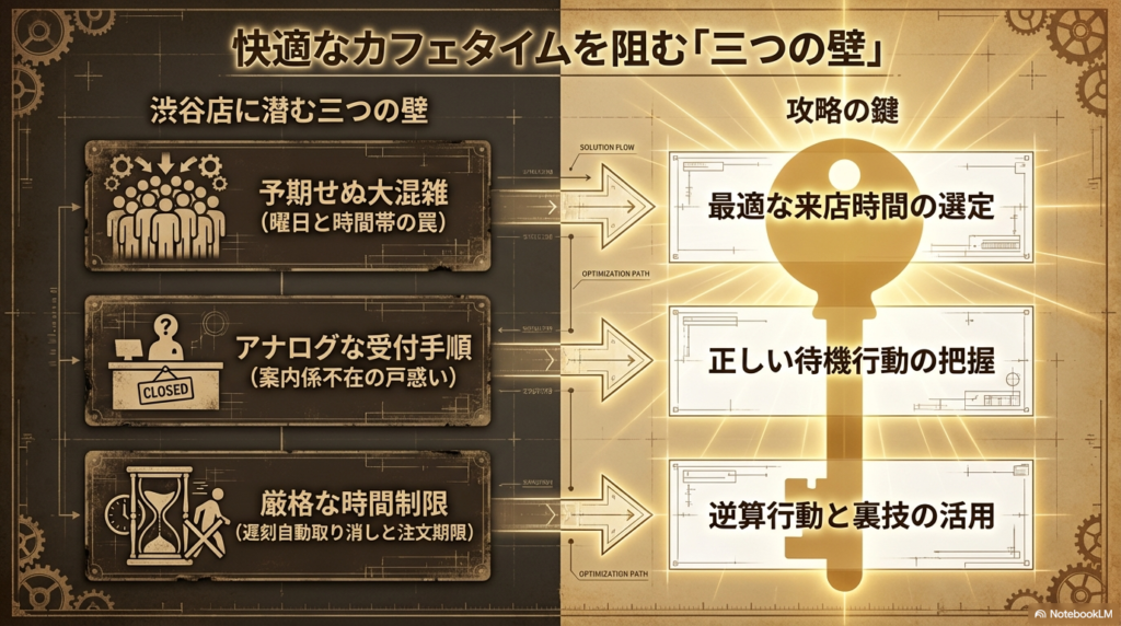 渋谷店に潜む三つの壁と攻略の鍵 渋谷店でのカフェタイムを妨げる「大混雑」「アナログな受付」「厳格な時間制限」という3つの課題と、その解決策を提示した図解です。