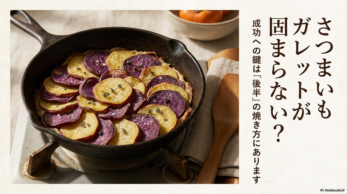 さつまいもガレットが固まらない悩みを解決し、成功への鍵は後半の焼き方にあることを伝えるスライドの表紙