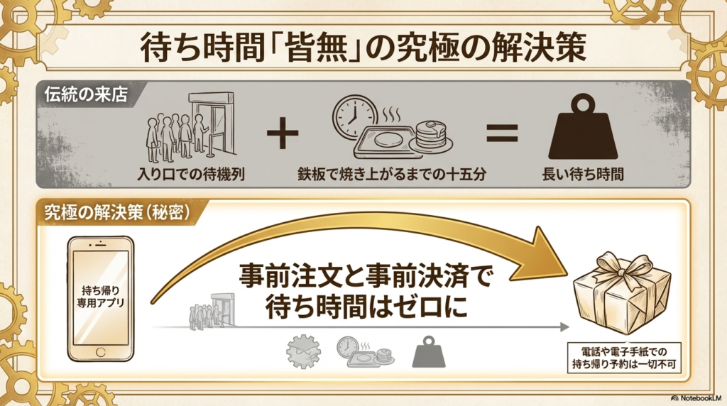 持ち帰り専用アプリによる待ち時間解消 テイクアウトアプリでの事前注文と決済を利用することで、入店や焼き上がりの待ち時間をゼロにできる仕組みを説明した図解です。