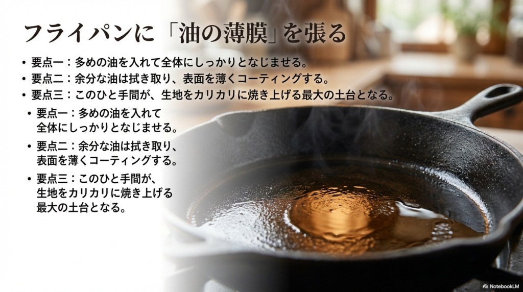 フライパンに多めの油をなじませたあと、余分な油を拭き取って薄い膜を作るコツを紹介したスライドです。
