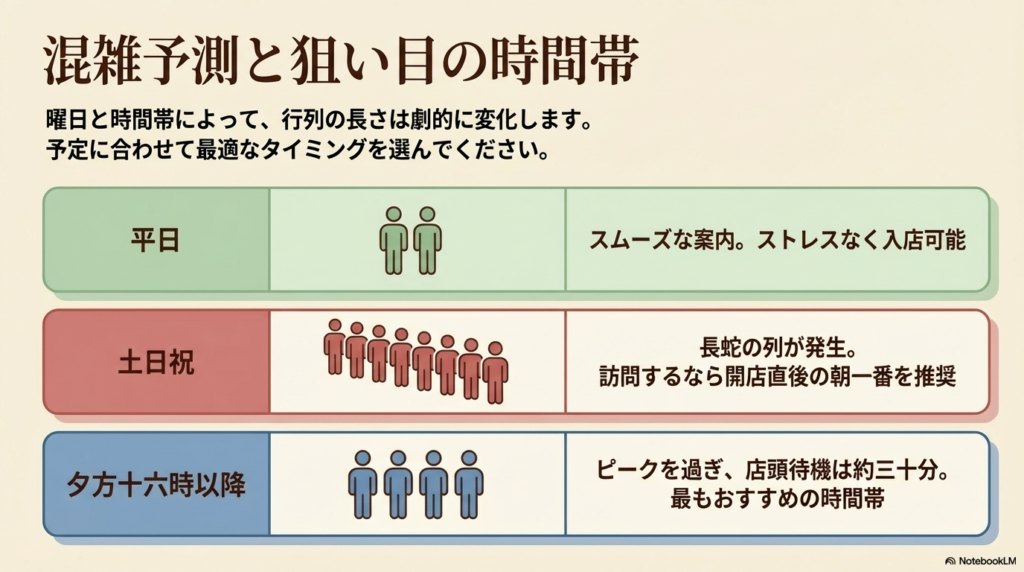曜日・時間帯別の混雑予測表 平日、土日祝、夕方16時以降のそれぞれの混雑傾向と、スムーズに入店するための狙い目の時間帯をまとめた表です。